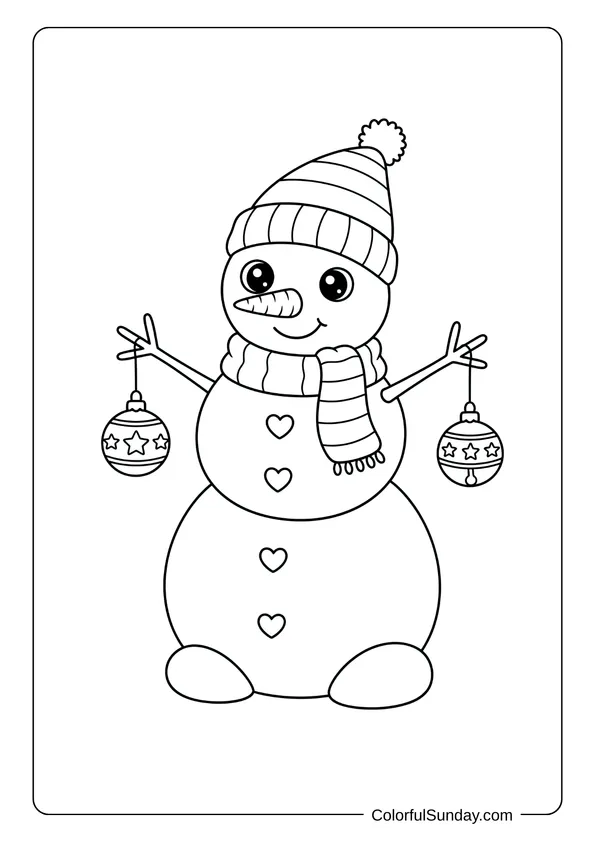 A kawaii snowwoman coloring page with heart buttons and adorable decorative ornaments.