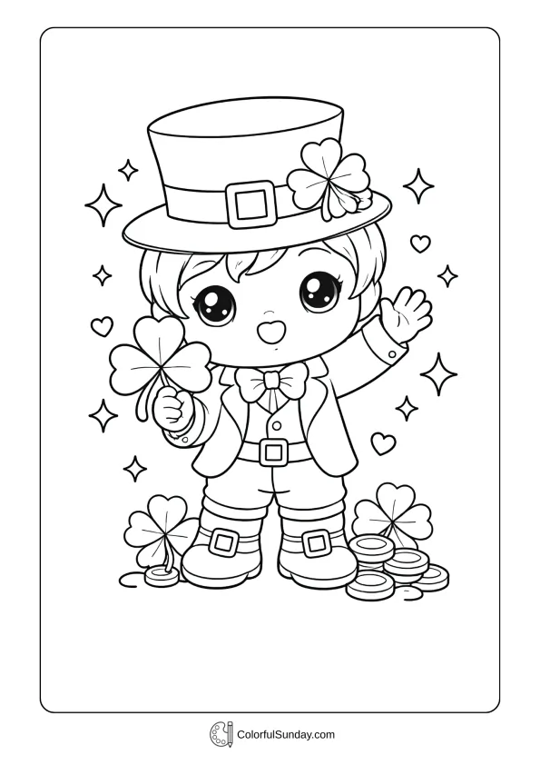 This coloring page features a kawaii-inspired leprechaun celebrating St. Patrick’s Day joyfully.