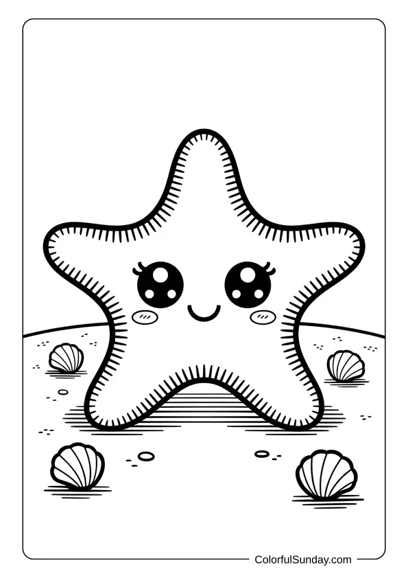 Cute starfish smiling on the sand with seashells around it, featured in a kawaii-style coloring page.