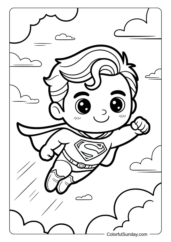Adorable Superman flying among the clouds with a big smile in this kawaii-style coloring page.