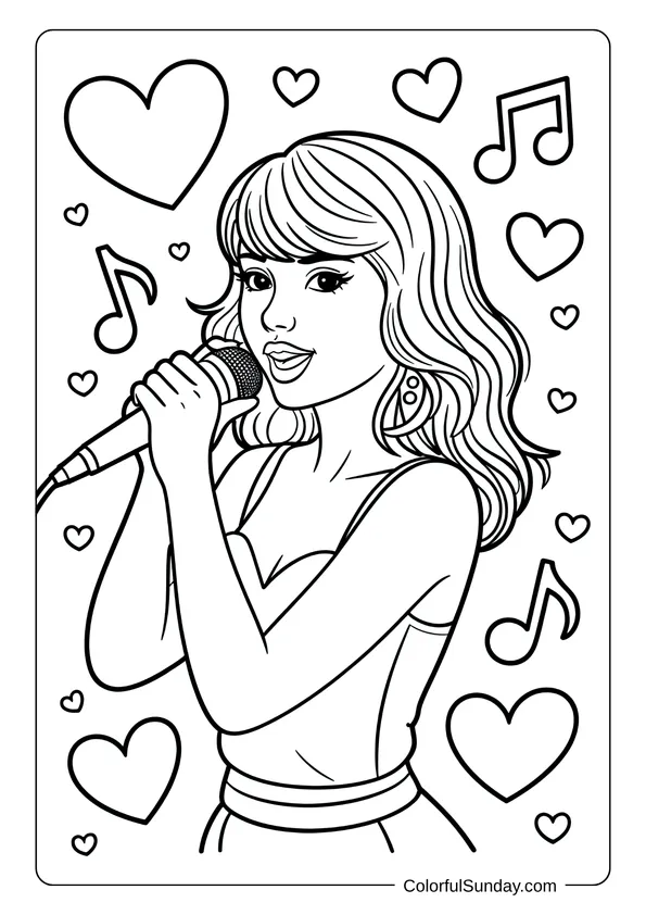 Pop singer with a microphone surrounded by hearts and music notes in a kawaii coloring page.