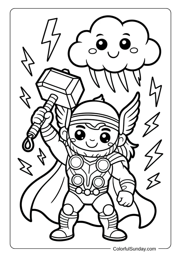 Coloring page of kawaii Thor smiling with his hammer raised and lightning all around him.