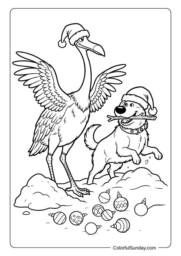 Coloring page showing Kevin the bird and Dug celebrating Disney Christmas together with Santa hats and ornaments on the ground.