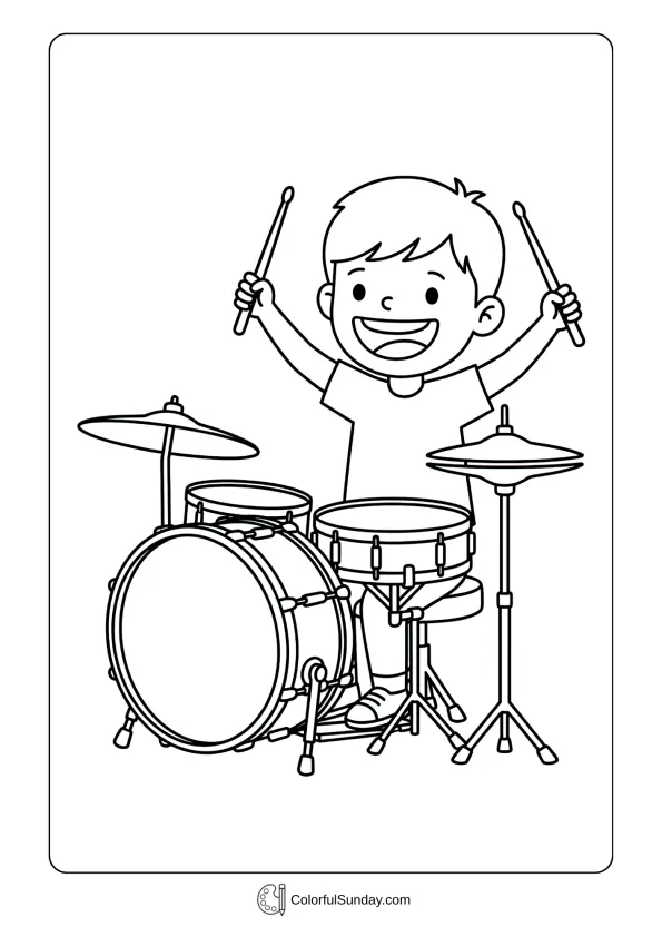 Happy child sitting at small drum set coloring page with sticks raised ready to play