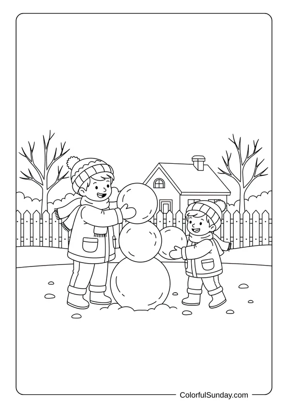 A coloring page of children building a snowman together in the snow with winter fun.
