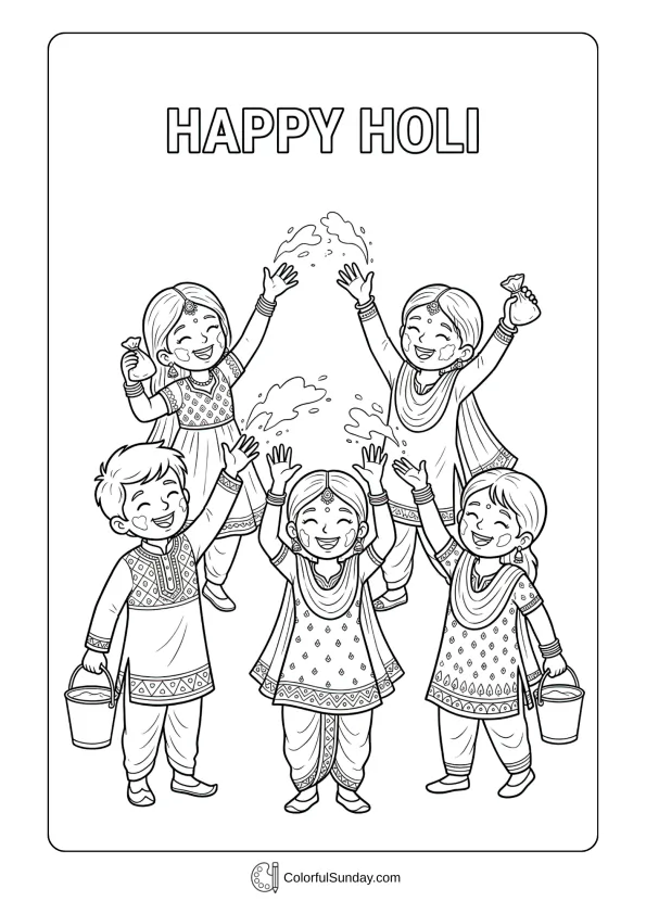 Happy children with buckets coloring page enjoying playful Holi festival activities together