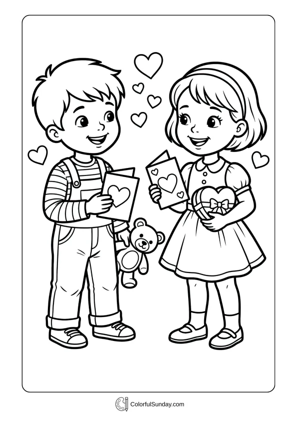 A boy and girl exchanging Valentine cards and gifts on a coloring page filled with hearts.