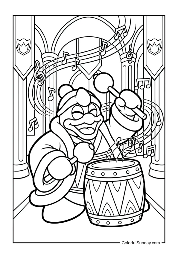King Dedede dances with his drum while Kirby cheers inside this lively coloring page