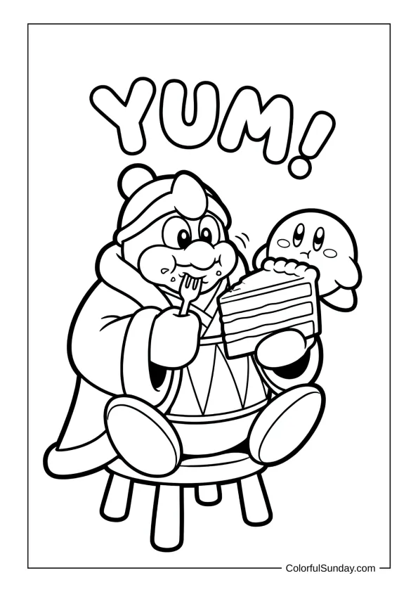 King Dedede munches on cake with Kirby watching in this delightful coloring page