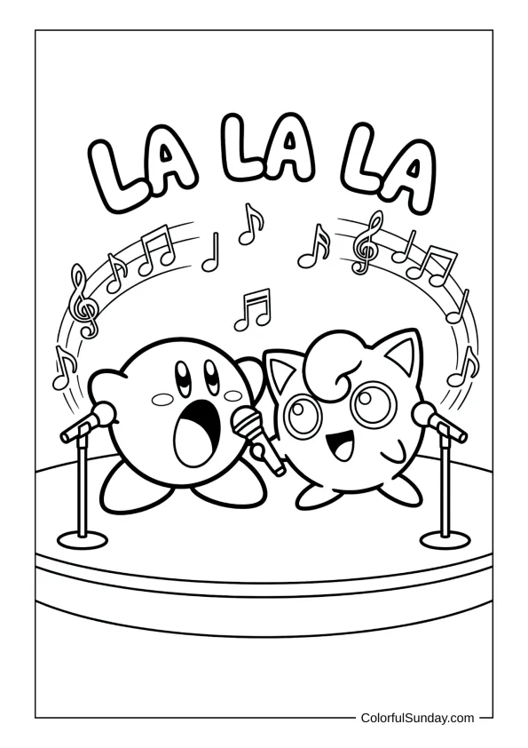 Kirby and Jigglypuff sing into microphones on stage with music notes floating in this fun coloring page