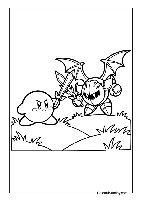 Kirby and Meta Knight cross swords on a grassy hill in this action-packed coloring page