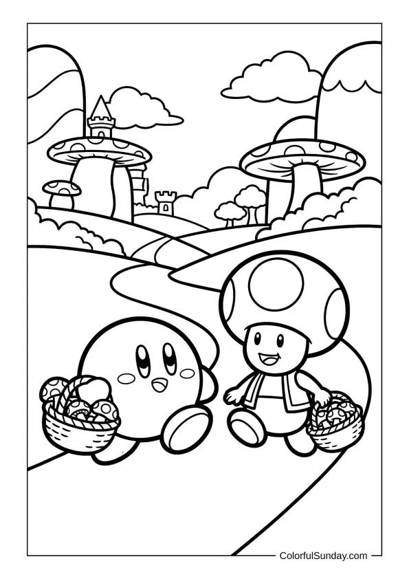 Kirby and Toad walk with baskets of mushrooms through rolling hills in this charming coloring page