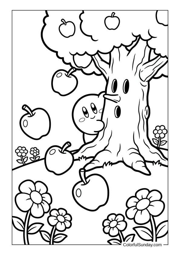Kirby hiding behind Whispy Woods tree as apples fall and flowers bloom in this coloring page