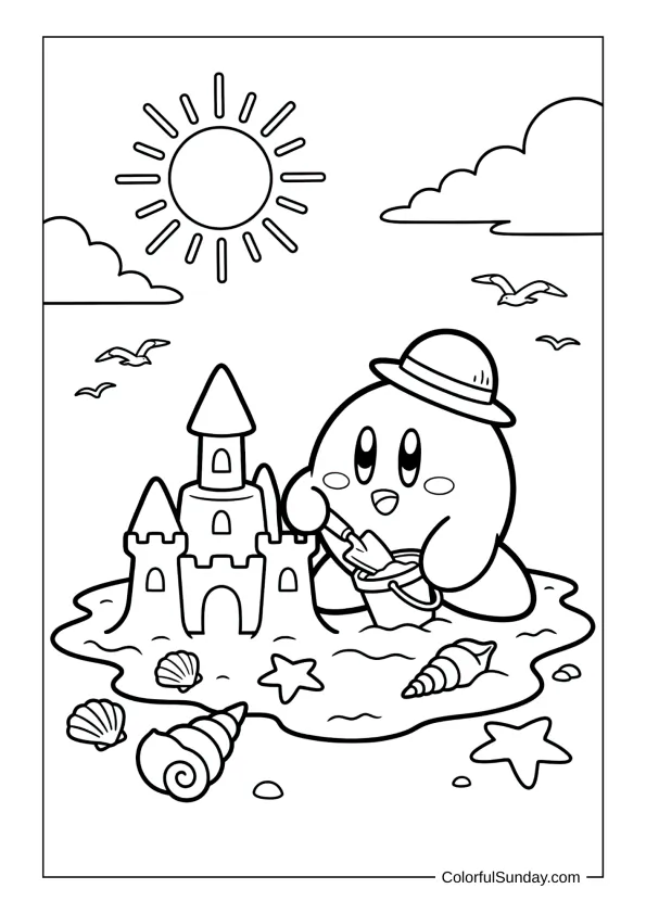 Kirby builds a detailed sandcastle on a beach surrounded by shells and starfish in this coloring page