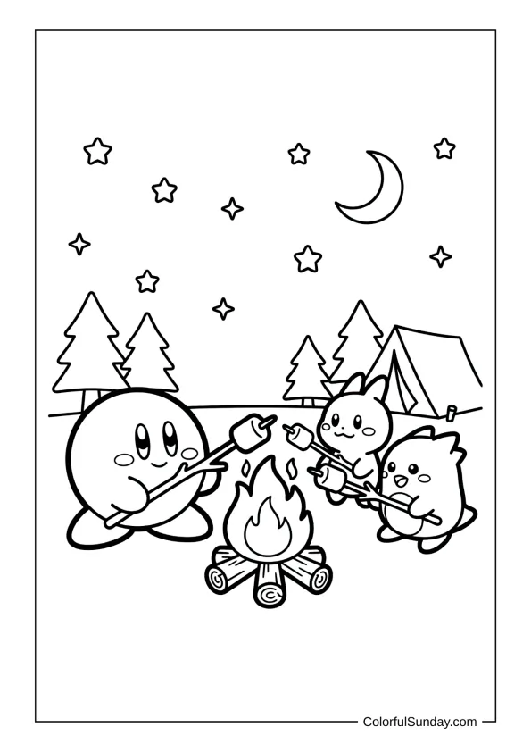 Kirby roasts marshmallows by a campfire with friends as stars sparkle overhead in this camping coloring page