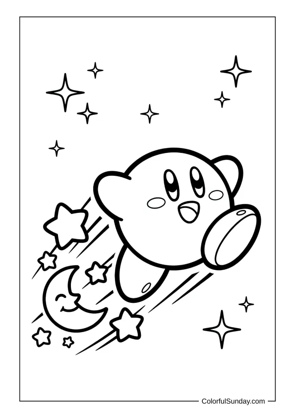 Kirby leaps through a starry night sky chasing stars and a crescent moon on this coloring page