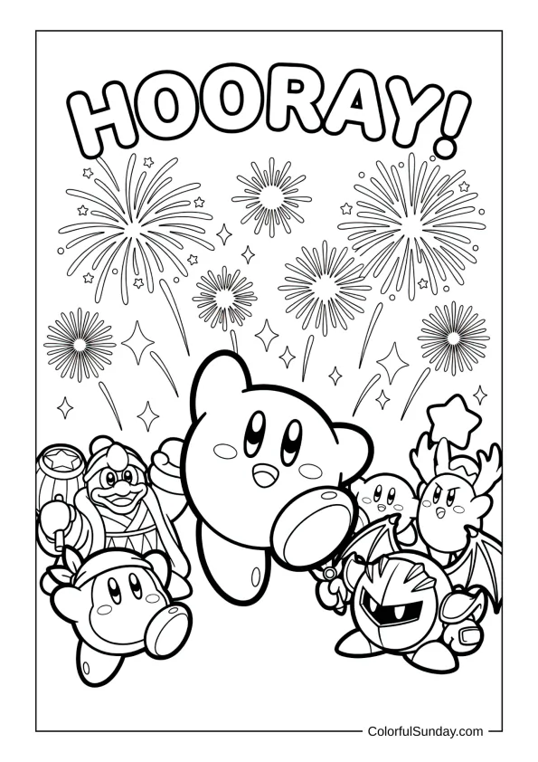 Kirby dances with friends under dazzling fireworks and shimmering lights in this celebration coloring page