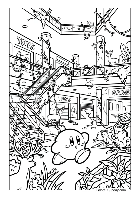 Kirby explores an overgrown abandoned mall with vines and roaming creatures in this adventurous coloring page