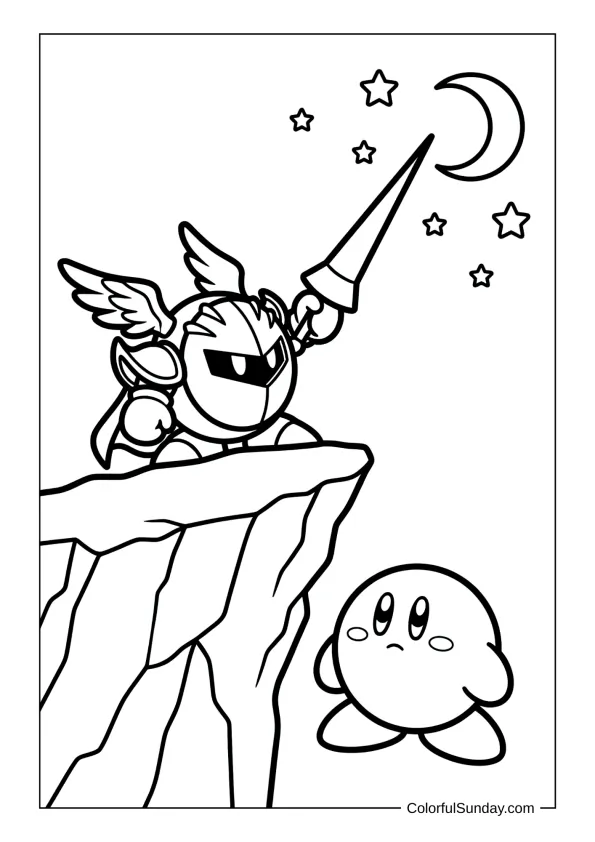 Galacta Knight lifts his sword high above a cliff with Kirby watching in this heroic coloring page