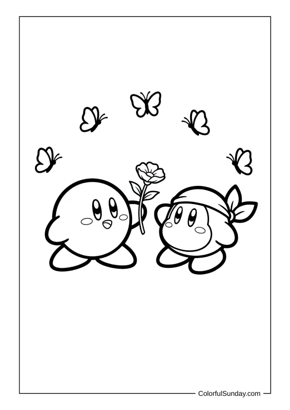 Kirby offers a flower to his friend Waddle Dee while butterflies flutter in this sweet coloring page