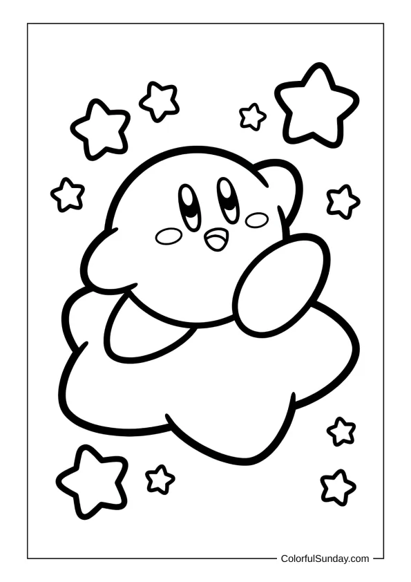 Kirby on heart cloud in a coloring page
