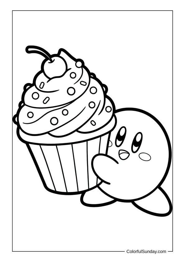 Kirby hugs a huge cupcake covered in icing and sprinkles in this delicious coloring page