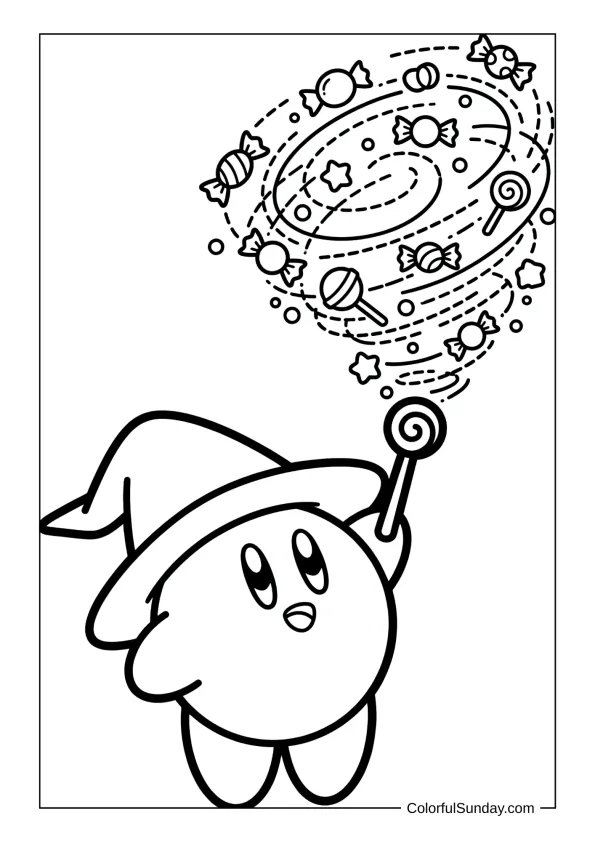 Kirby uses his magic wand to conjure candy and stars amid sparkles in this enchanting coloring page