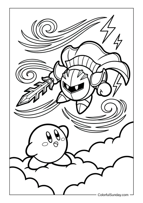 Meta Knight flies through lightning-filled clouds as Kirby looks on in this electrifying coloring page