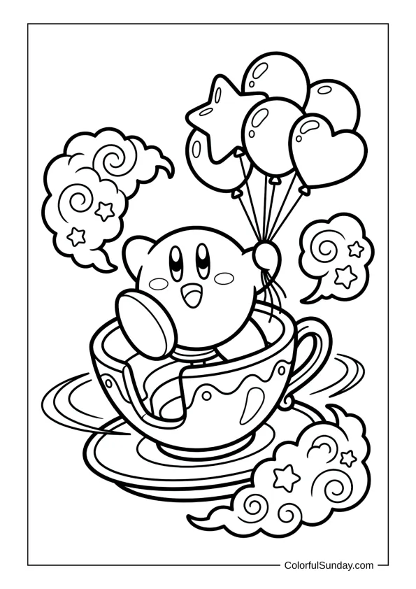Kirby enjoys a carnival ride holding balloons with cotton candy clouds swirling in this festive coloring page