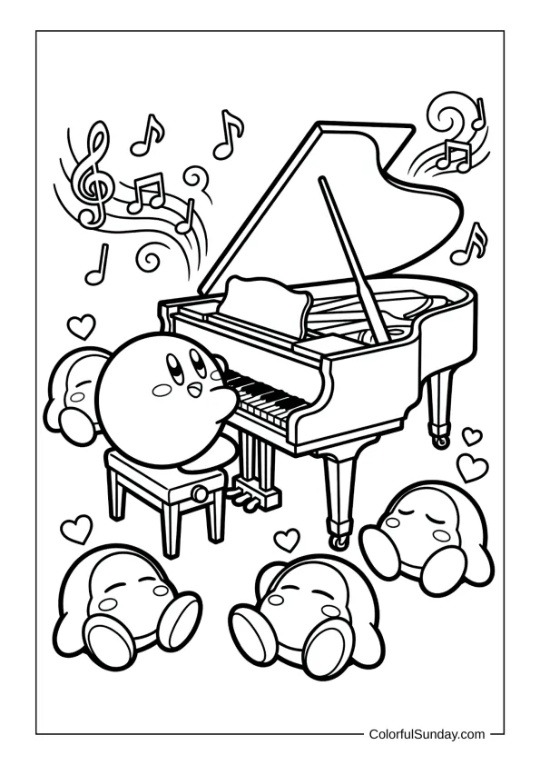 Kirby plays the piano while Waddle Dees listen and hearts float above in this musical coloring page