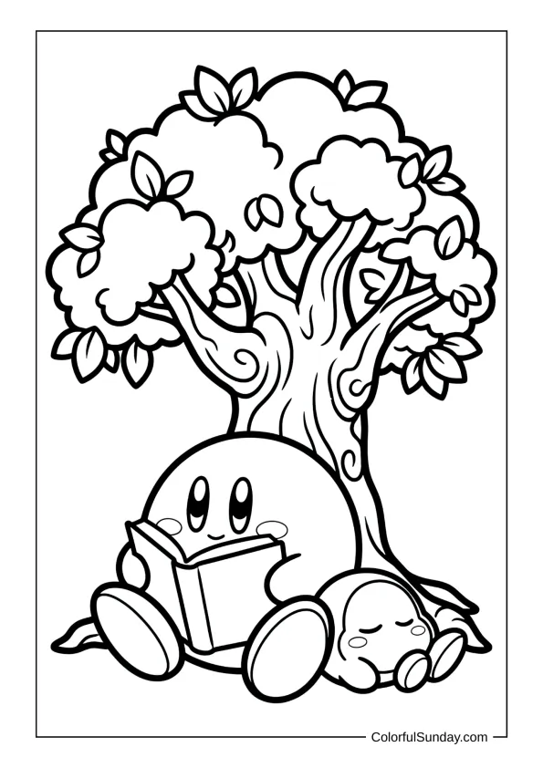 Kirby sits under a tree reading a book while Waddle Dee naps nearby in this peaceful coloring page