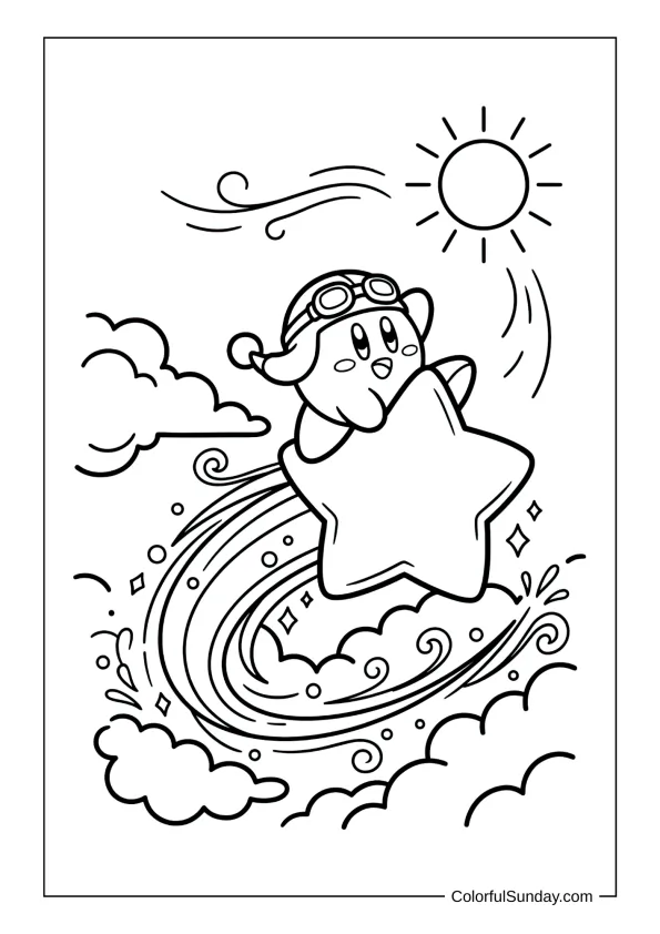 Kirby soars on a warp star across clouds leaving sparkling trails in this whimsical coloring page