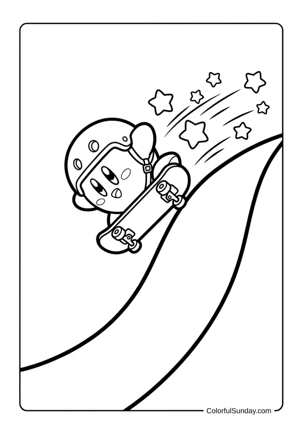 Kirby rides a skateboard down a hill performing tricks with stars trailing behind in this sporty coloring page