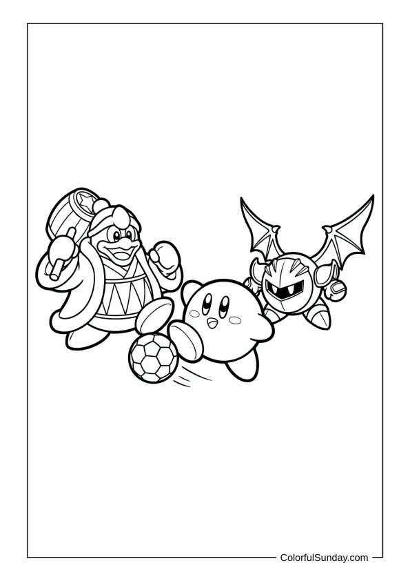 Kirby, King Dedede and Meta Knight play soccer together laughing and competing in this sports coloring page