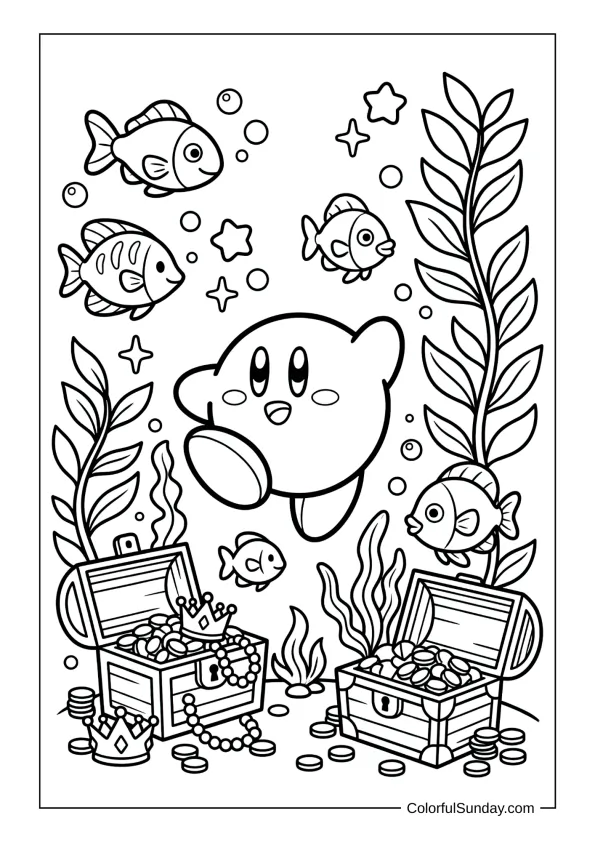 Kirby swims with fish, seaweed and treasure in a magical underwater scene in this coloring page