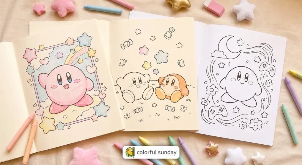 three coloring pages of Kirby, the video game