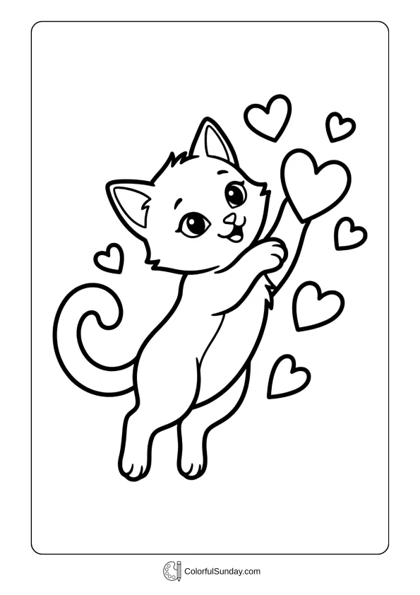 Sweet kitten playing with hearts in a Valentine's Day coloring page celebrating cuteness
