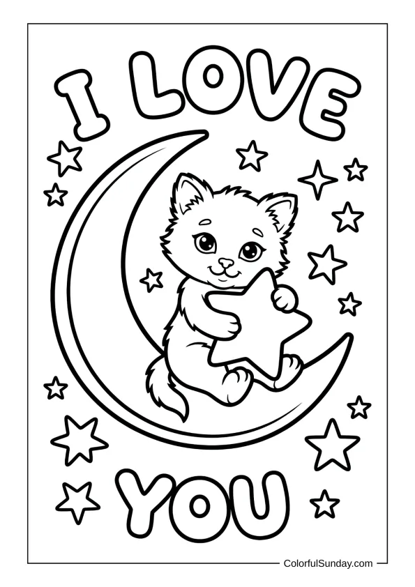 Cute kitten on crescent moon hugging a star pillow among stars in an I love you coloring page.