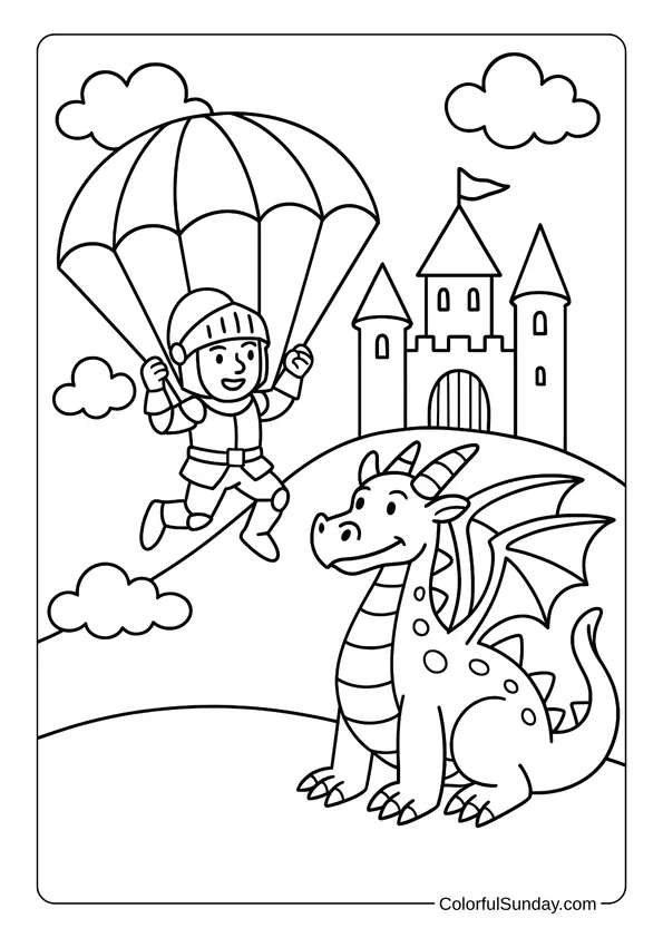 A knight parachutes in front of a castle where a friendly dragon waits in this fairy tale coloring page.
