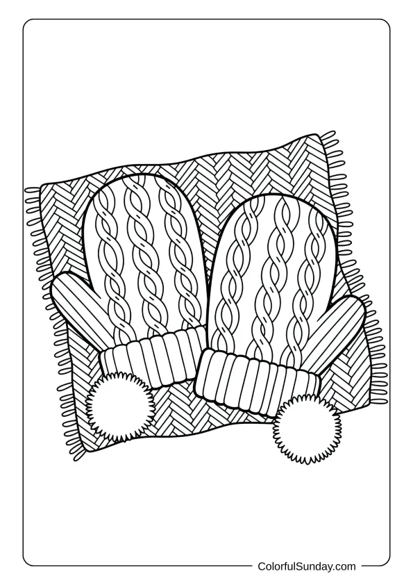 Mittens coloring page showing knitted cable pattern mittens with pom-poms on a blanket.
