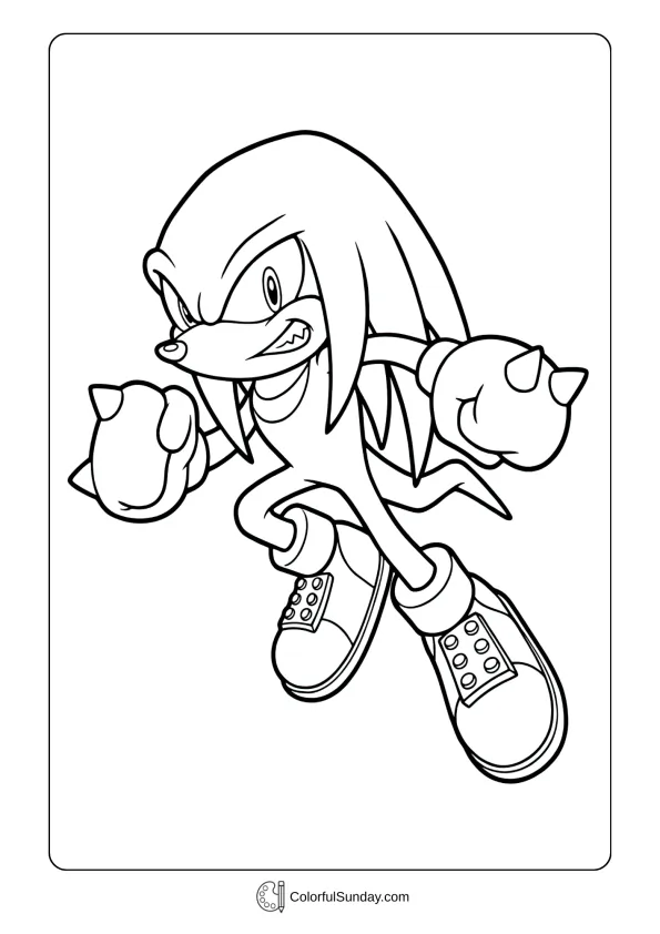 A coloring page of Knuckles from Sonic jumping in mid-air coloring sheet