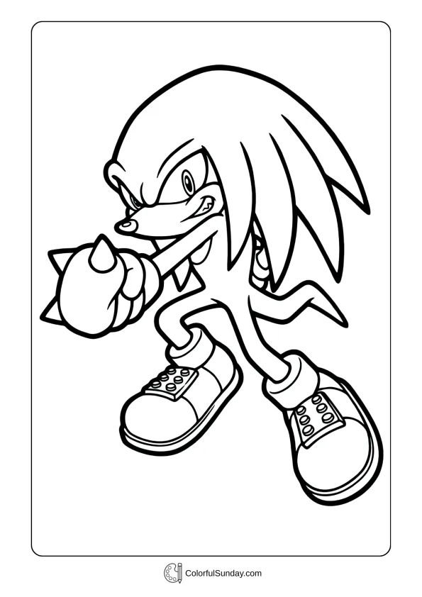 A coloring page of Knuckles from Sonic punching forward in action coloring page