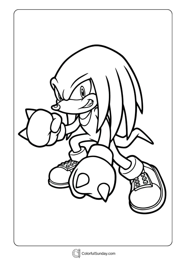 A coloring picture of Knuckles the Echidna from Sonic with fists ready for action coloring page