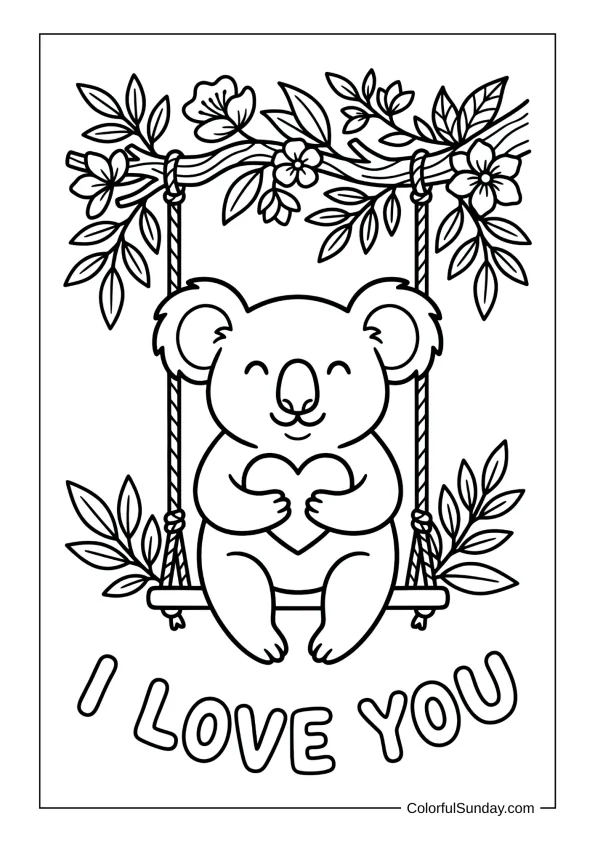Cute koala on swing cuddling heart among branches and leaves in an I love you coloring page.