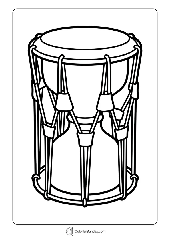 A coloring page showing hourglass-shaped Korean janggu drum with decorative ropes and two different drumheads
