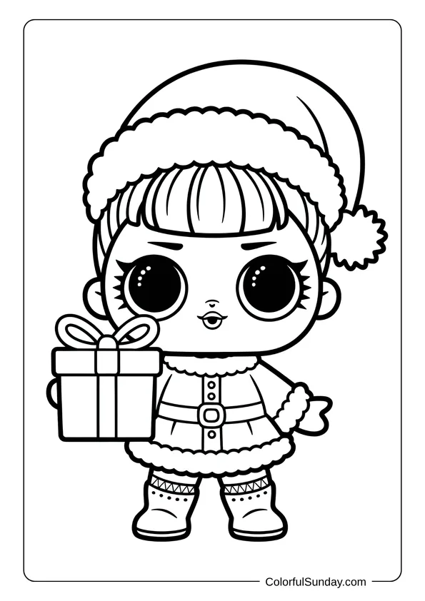 A Christmas doll with big eyes wearing a Santa hat and holding a gift box, illustrated for a coloring page.