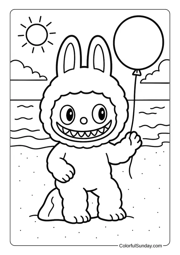 Labubu holding a balloon at the beach with waves and sunshine in this summer coloring page.