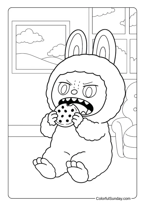 Angry and hungry Labubu eating a cookie while sitting on the floor in this expressive coloring page.