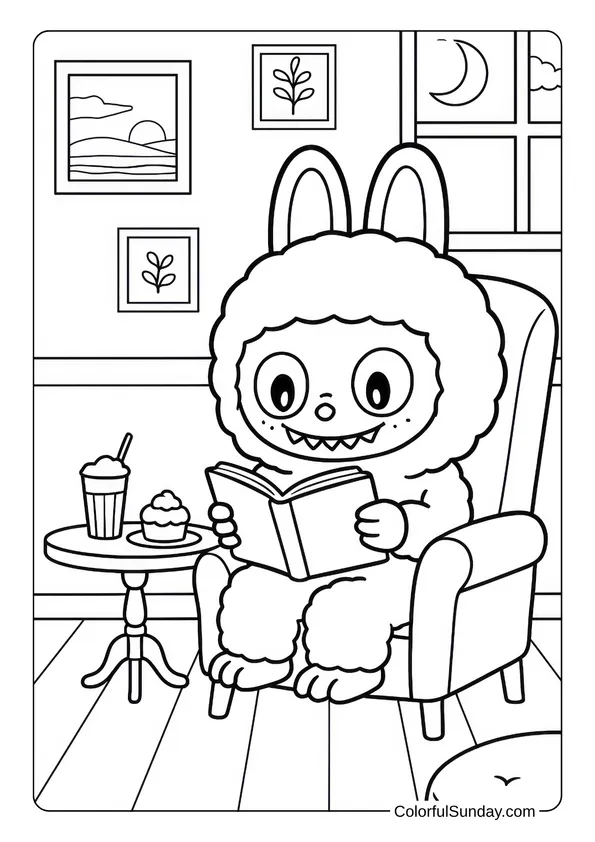 Labubu reading a book while sitting on a cozy chair with snacks nearby in this relaxing coloring page.