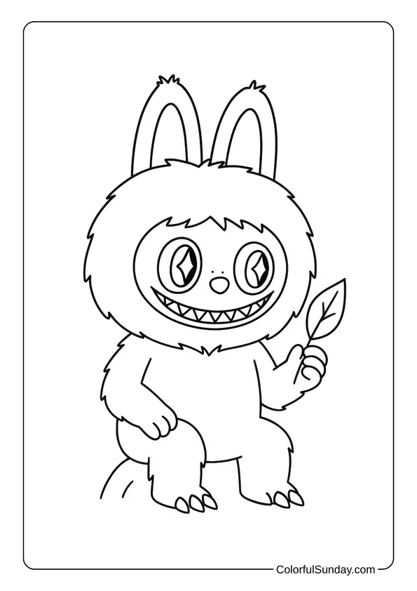 Labubu coloring page sitting on a rock and holding a leaf while smiling.